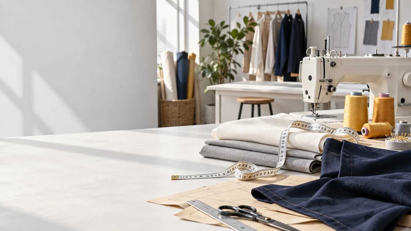 Ilustración conceptual de un espacio de confección textil con telas, hilos y máquina de coser